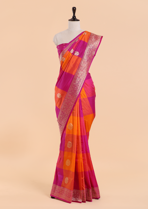 Orange Checks Butta Saree in Silk