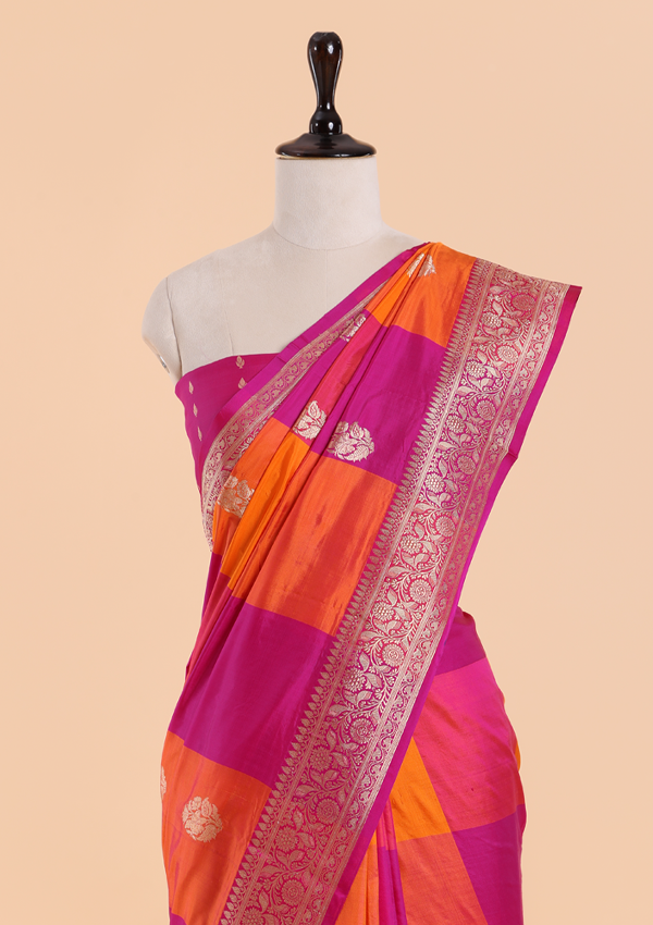 Orange Checks Butta Saree in Silk