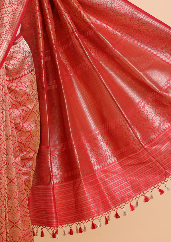 Red Brocade Saree In Silk