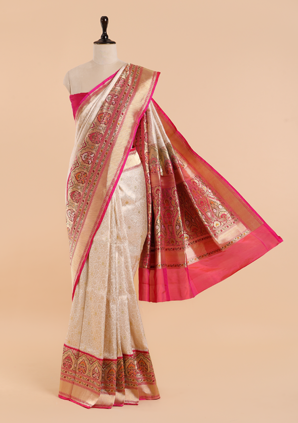 Off White Brocade Saree in Silk