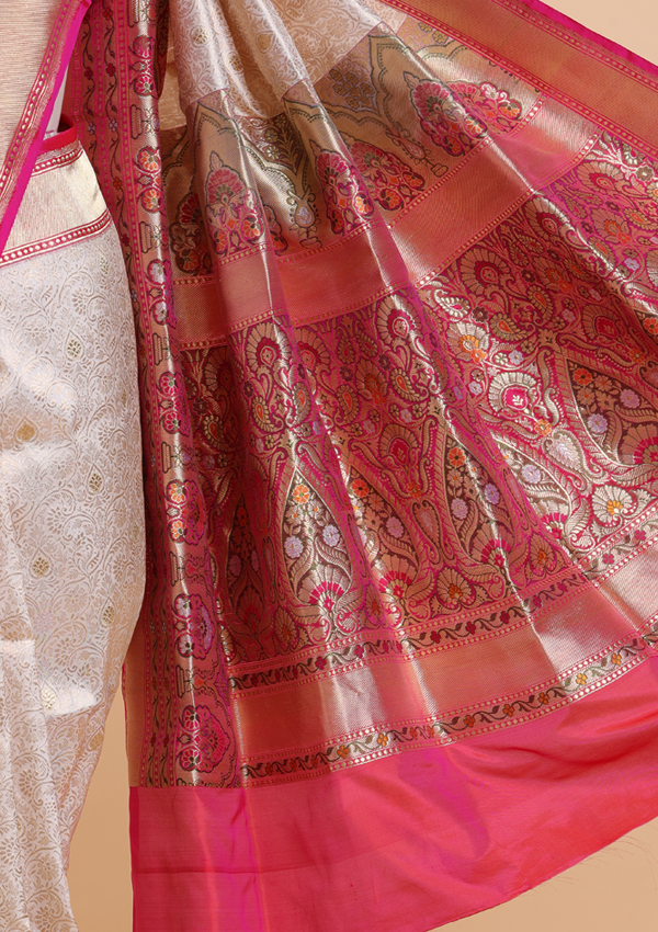 Off White Brocade Saree in Silk