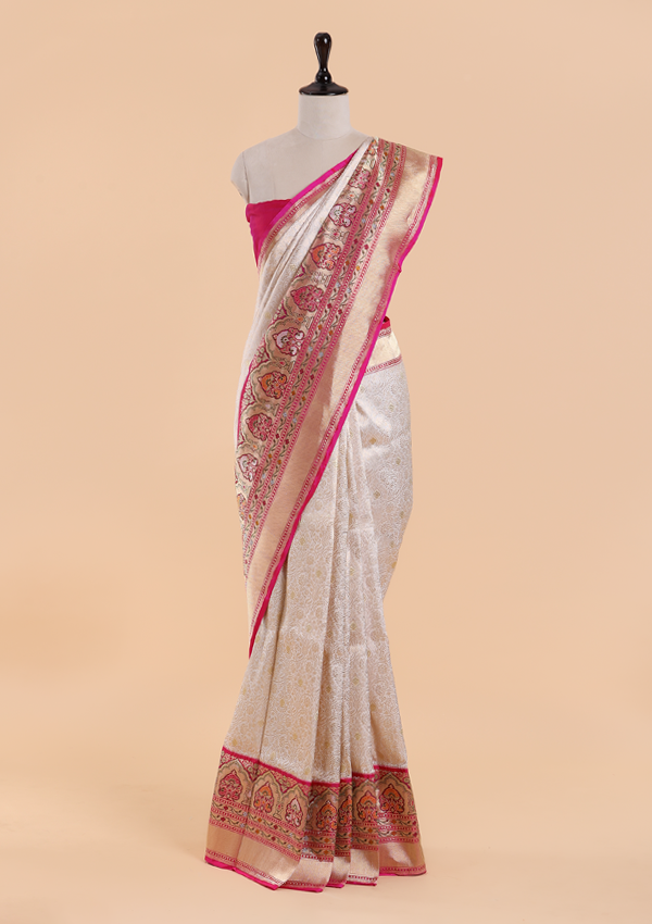 Off White Brocade Saree in Silk