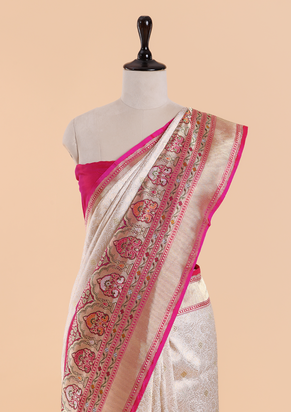 Off White Brocade Saree in Silk