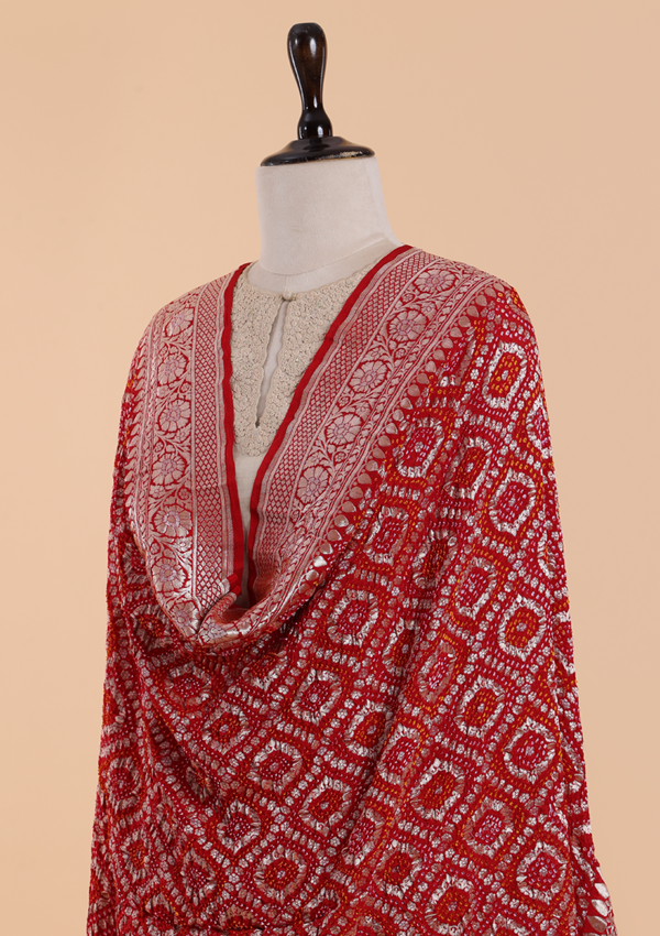 Red Jaal Bandhani Dupatta in Georgette