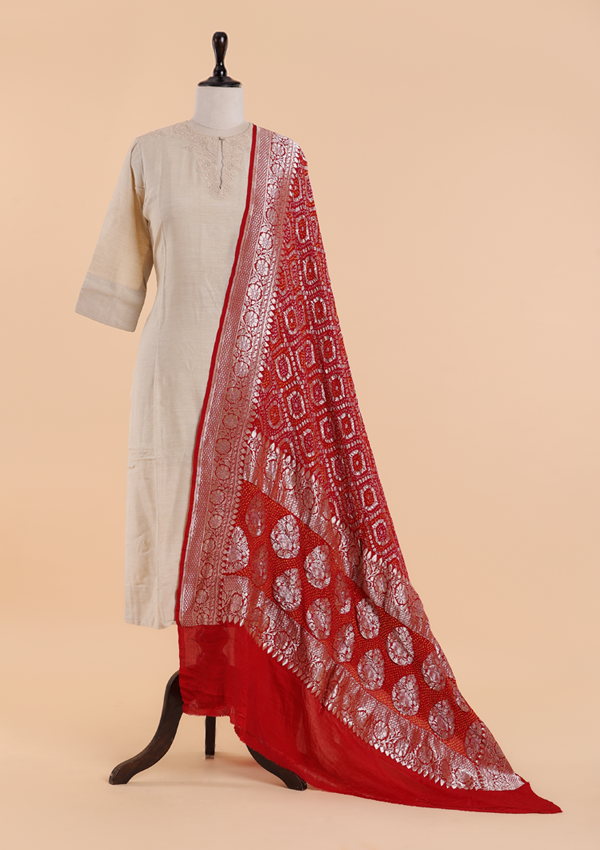 Red Jaal Bandhani Dupatta in Georgette