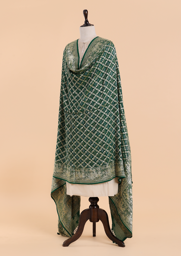 Bottle Green Jaal Bandhani Dupatta in Georgette