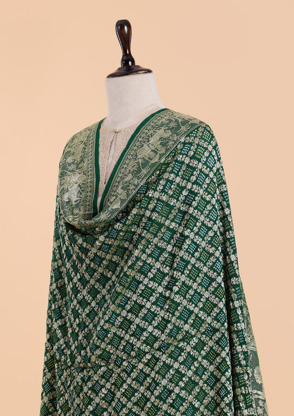 Bottle Green Jaal Bandhani Dupatta in Georgette