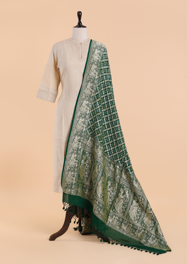 Bottle Green Jaal Bandhani Dupatta in Georgette
