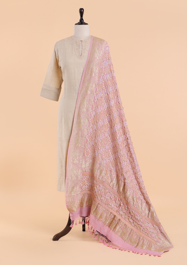 Light Pink Jaal Bandhani Dupatta in Georgette