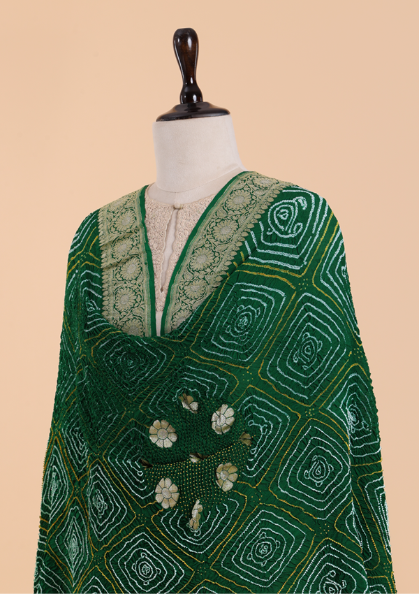 Green Plain Bandhani Dupatta in Georgette