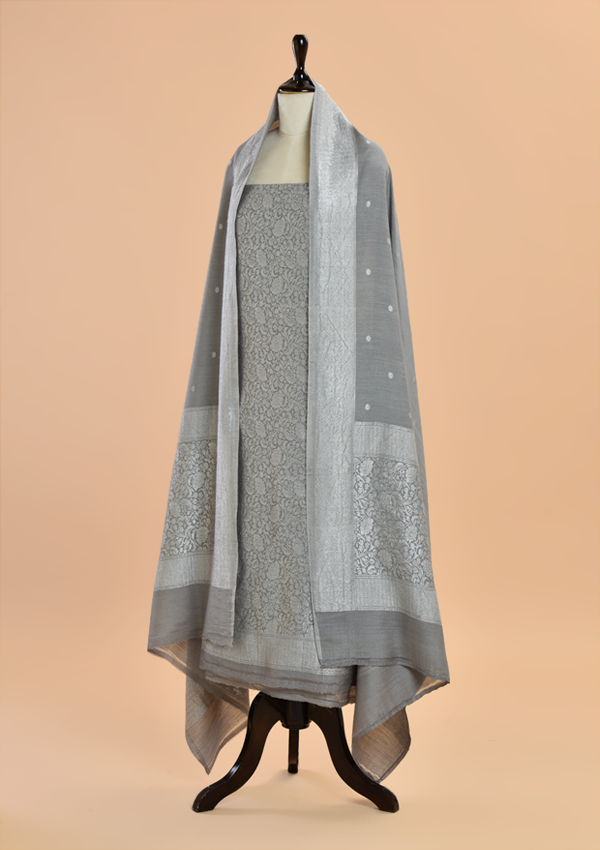 Grey Brocade Dress in Georgette Tussar