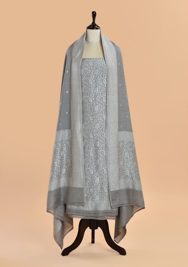 Grey Brocade Dress in Georgette Tussar