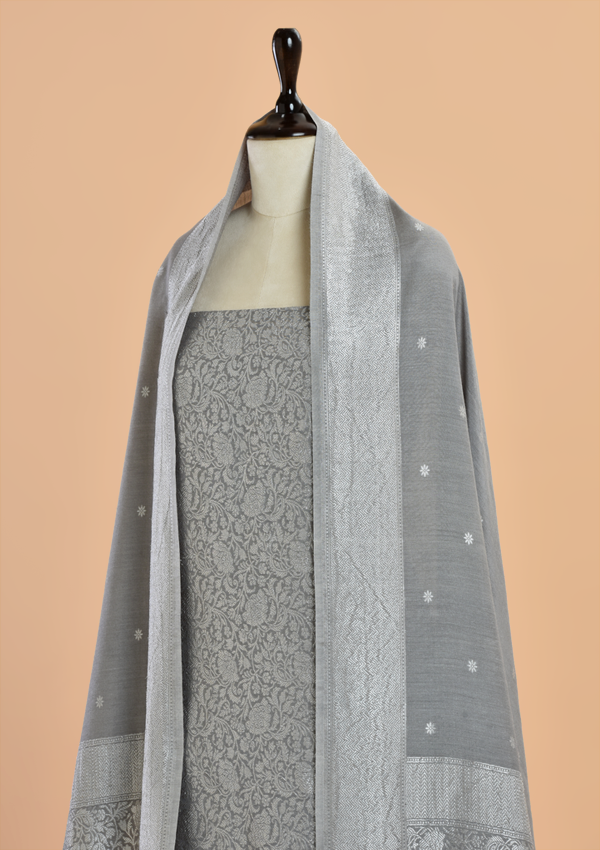 Grey Brocade Dress in Georgette Tussar