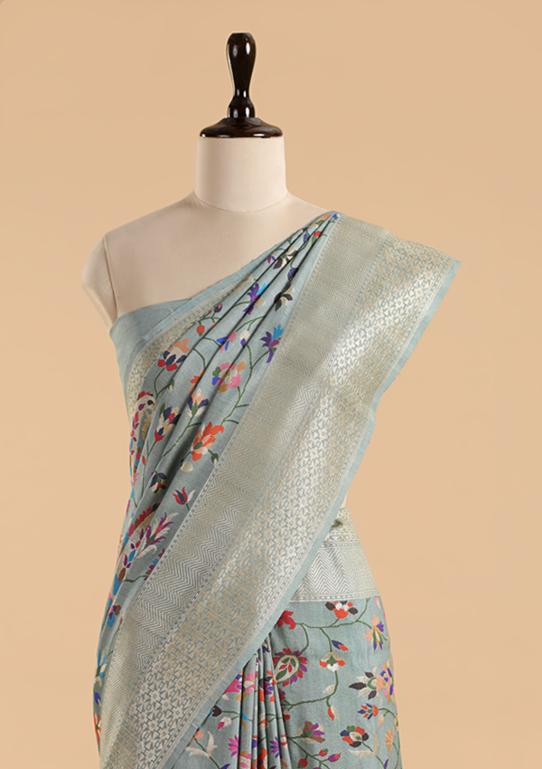 Sky Blue Jaal Saree in Georgette Tussar