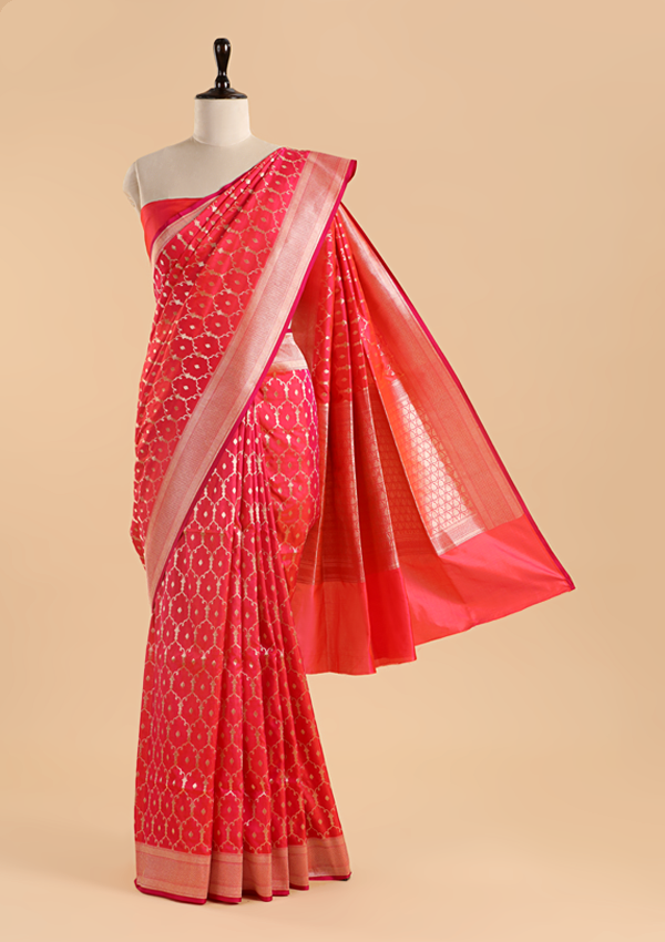 Coral Pink Jaal Saree in Silk