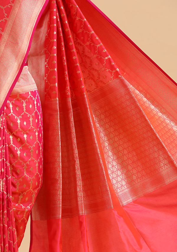 Coral Pink Jaal Saree in Silk