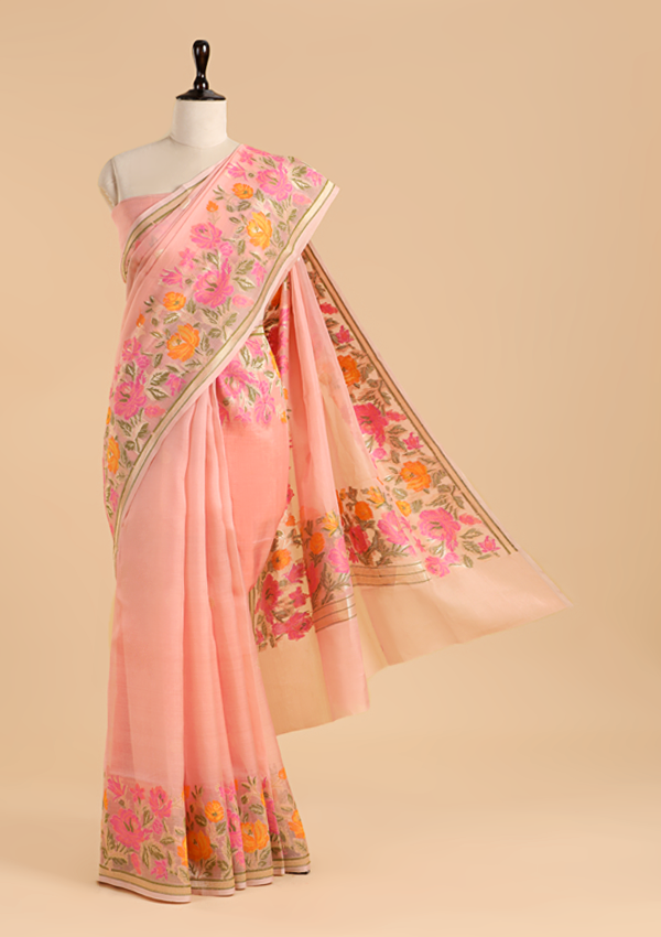 Light Pink Butti Saree in Kora Silk