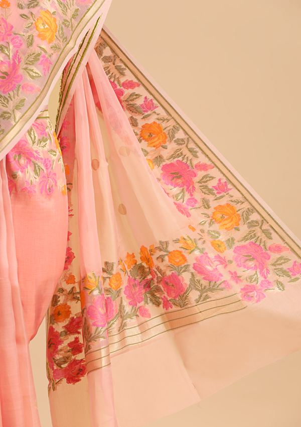 Light Pink Butti Saree in Kora Silk