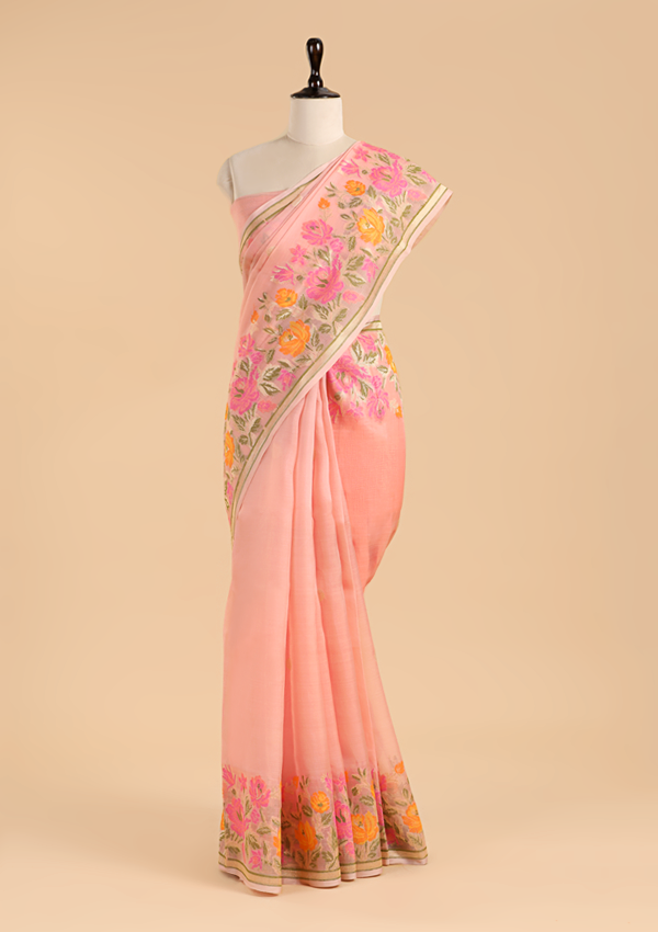 Light Pink Butti Saree in Kora Silk