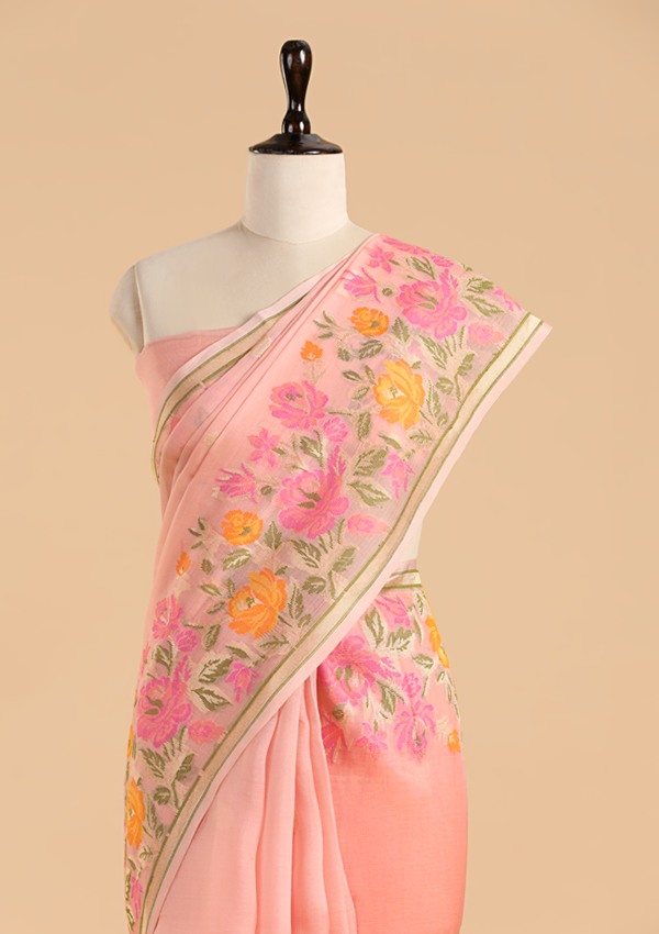 Light Pink Butti Saree in Kora Silk