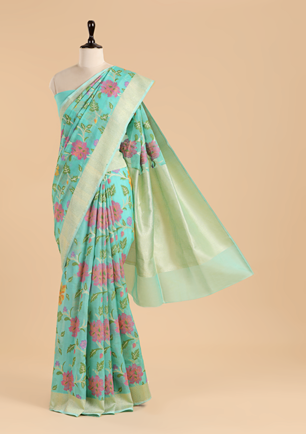 Firozi Jaal Saree in Kora Silk