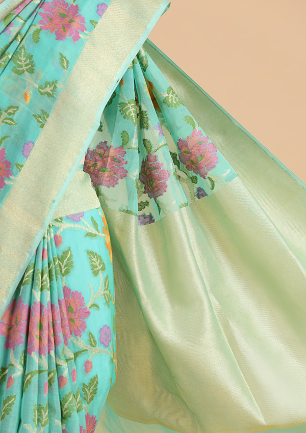 Firozi Jaal Saree in Kora Silk