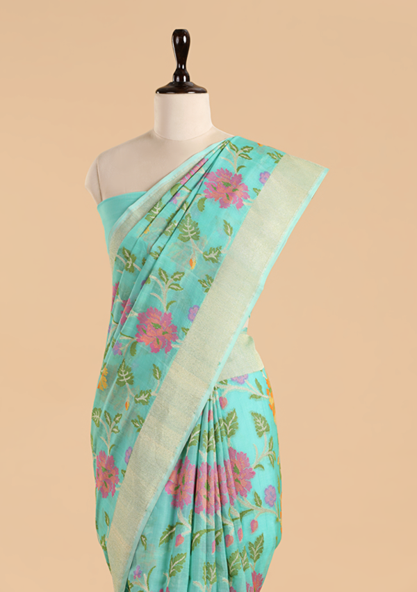 Firozi Jaal Saree in Kora Silk