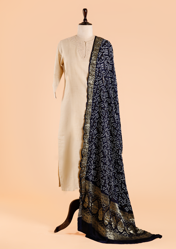 Navy Blue Plain Bandhani Dupatta in Silk