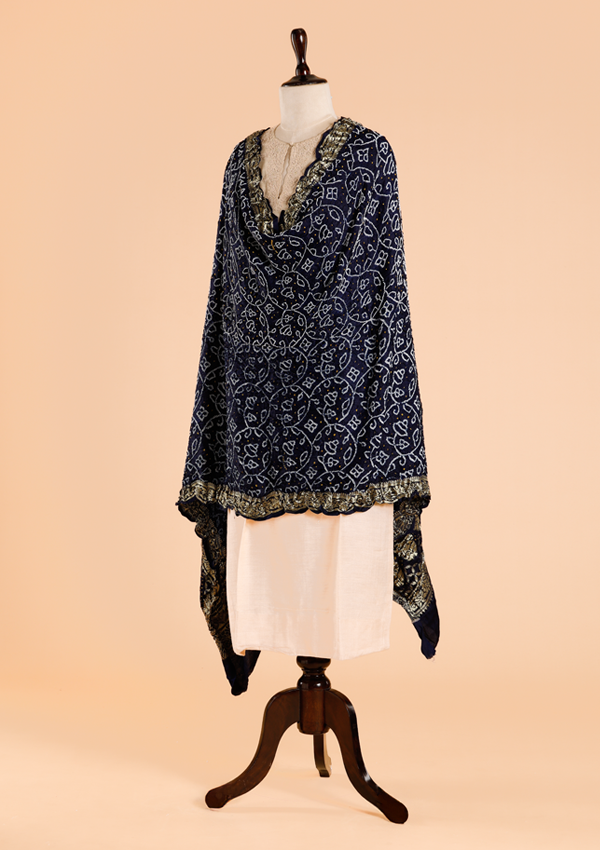 Navy Blue Plain Bandhani Dupatta in Silk