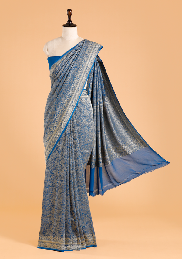 Royal Blue Brocade Saree in Georgette