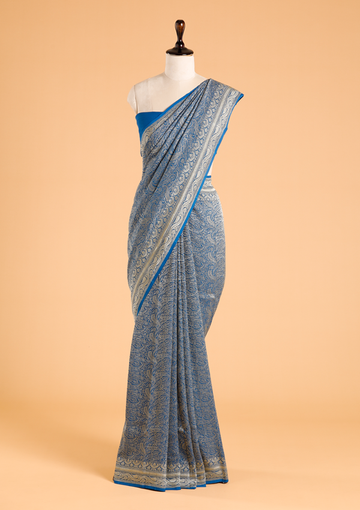 Royal Blue Brocade Saree in Georgette