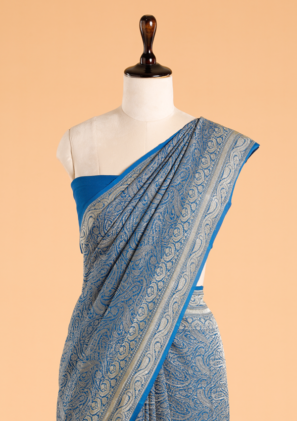 Royal Blue Brocade Saree in Georgette
