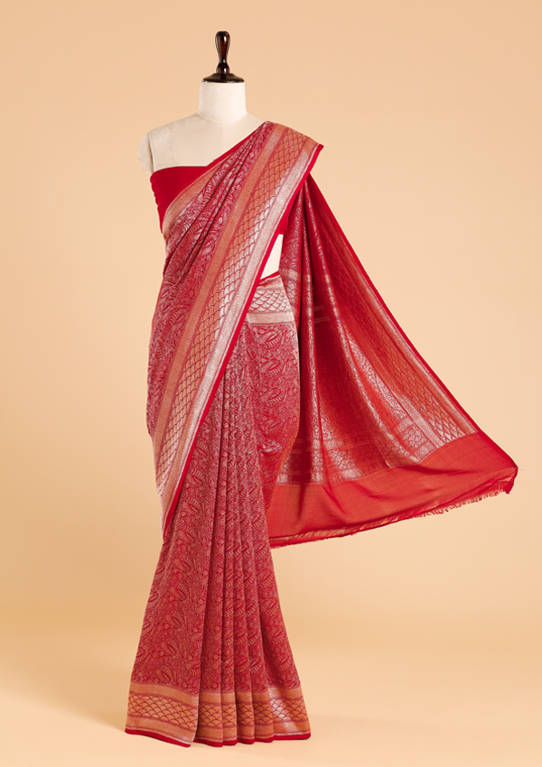Red Brocade Saree in Georgette