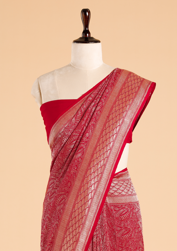 Red Brocade Saree in Georgette