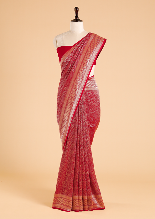 Red Brocade Saree in Georgette