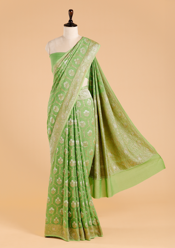 Pista Green Jaal Saree in Georgette
