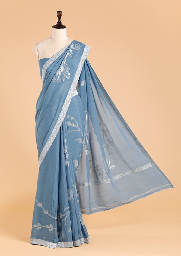 Cobalt Blue Plain Saree in Georgette