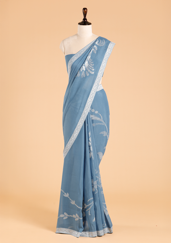 Cobalt Blue Plain Saree in Georgette