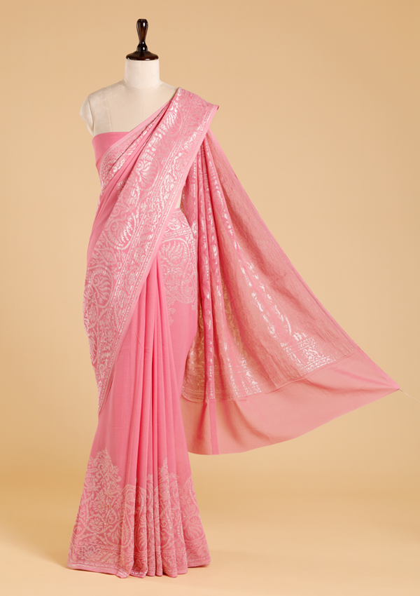 Pink Plain Saree in Georgette