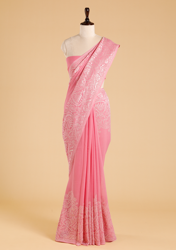 Pink Plain Saree in Georgette
