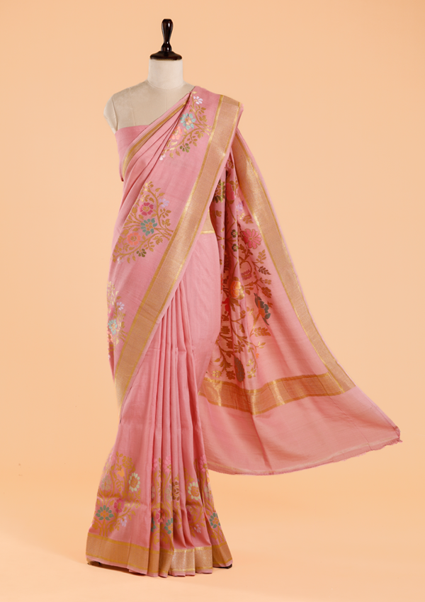 Pink Plain Saree In Georgette Tussar