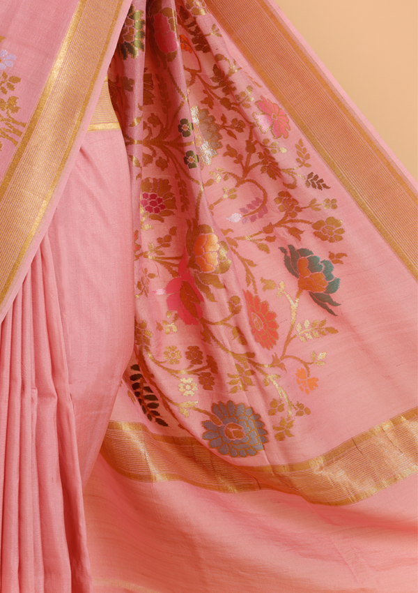 Pink Plain Saree In Georgette Tussar