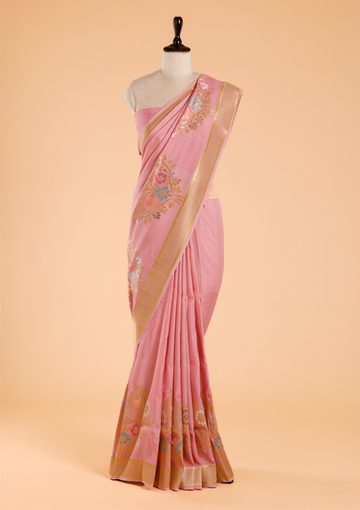 Pink Plain Saree In Georgette Tussar