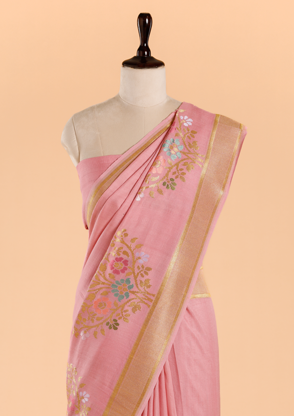 Pink Plain Saree In Georgette Tussar