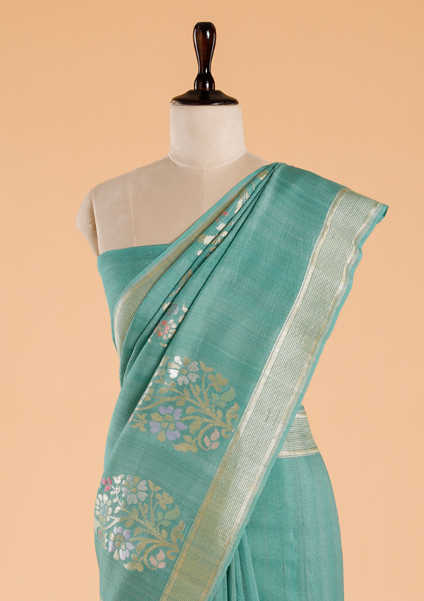 Sea Green Plain Saree In Georgette Tussar