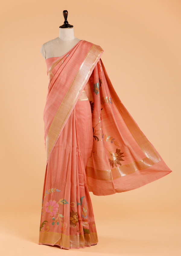 Peach Plain Saree In Georgette Tussar