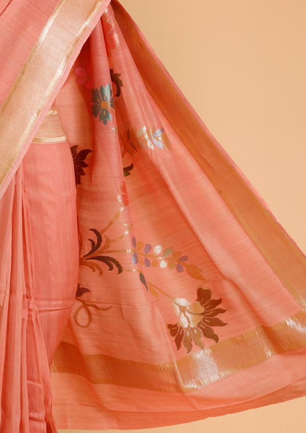 Peach Plain Saree In Georgette Tussar