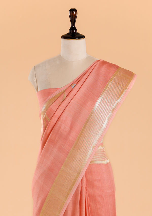 Peach Plain Saree In Georgette Tussar