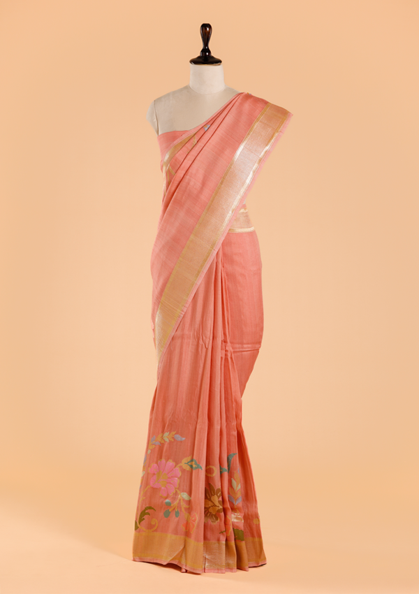 Peach Plain Saree In Georgette Tussar