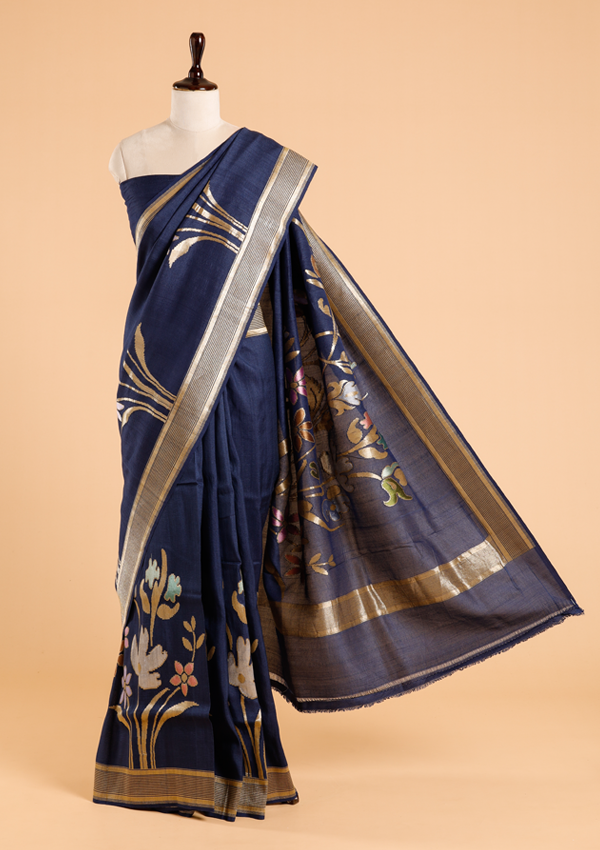 Navy Blue Plain Saree In Georgette Tussar